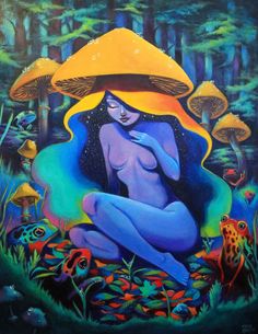 a painting of a woman sitting in the forest with mushrooms on her head and legs