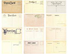 several postcards with different types of postal stamps on them, all lined up in rows