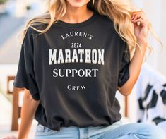 Custom Marathon support crew shirts. Perfect for a group supporting their favorite marathon runner.  Sizing - This shirt is a relaxed unisex fit- please refer to photo above for sizing reference.  Shipping - This item is shipped within 2-5 business days. Please reach out if you have any issues with your order.  Feedback- Don't be shy I welcome and encourage all feedback. Thank you :) Runner Support Shirt, Running Sayings For Shirts, Marathon T-shirt, Marathon Support Shirts, Marathon Shirt Ideas, Marathon Shirt Design, Half Marathon Shirts, Marathon Tee, Marathon Shirts