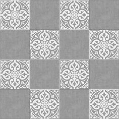 a gray and white checkered wallpaper with an intricate design on the back side