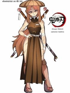 an anime character is holding two swords and wearing a brown dress with white trims