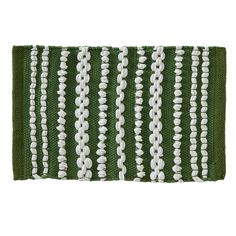 a green and white striped rug on a white background