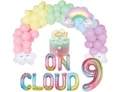 balloons and streamers with the words on cloud 9