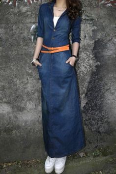 Long Denim Dress, Long Sleeve Denim Dress, Maxi Dresses For Women, Womens Denim Dress, Denim Maxi Dress, Long Maxi Skirts, Half Sleeve Dresses, Fashion Dresses Casual, Women Maxi