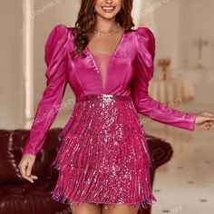 Super Cute And Stylish Ships In 5-10 Business Days Gigot Sleeve, Plunging Neck, Trim Dress, Rose Dresses, Rose Dress, Fringe Trim, Pink Shorts, If Only, Rose Pink