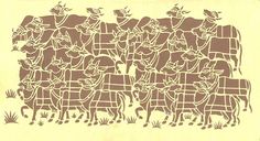 an old book with animals and people in the middle, on top of a yellow background