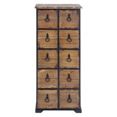 an old wooden dresser with drawers and knobs on the front, against a white background