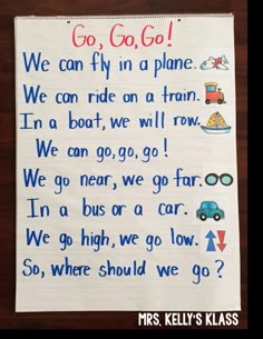 a bulletin board with words and pictures on it that says go, go we can fly in a plane