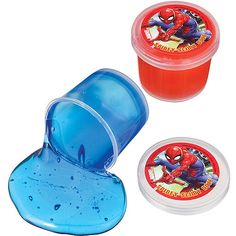 two plastic containers with spiderman designs on the lids and one container filled with jelly