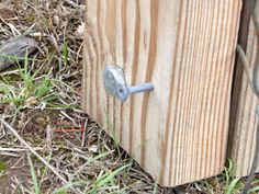 a close up of a wooden door on the ground with grass and weeds around it