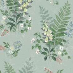 a green wallpaper with various flowers and leaves on the side, all in different colors