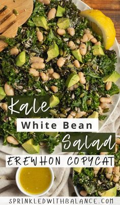 kale, white bean and avocado salad on a plate with a wooden spoon