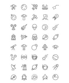 the space and astronomy related icons are shown in black on a white background, as well as