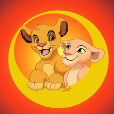 the lion and cub are sitting in front of the moon with their faces painted to look like they're smiling