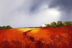 a painting of a red field with a white house in the distance under a cloudy sky