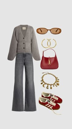 a woman's outfit with shoes, sunglasses and handbag