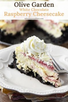 a slice of white chocolate raspberry cheesecake on a plate