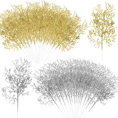 four different types of trees with gold and silver leaves