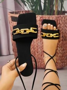 Fancy Sandals, Women Flat Sandals, Pretty Sandals, Modern Sandals, Chain Decor, Black Strappy Sandals, Girly Shoes, Open Toe Shoes, Fashion Sandals