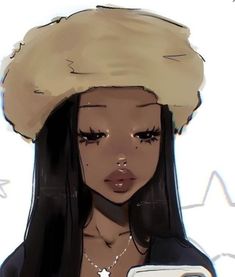 a drawing of a girl with a cell phone in her hand and wearing a hat