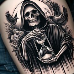 a skeleton holding an hourglass with roses and birds on the side of his thigh