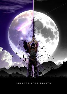 a man standing on top of a hill under a full moon with two swords in his hands