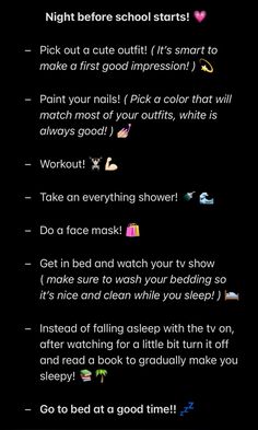 What to do the night before school starts! First Day Of School Night Routine, How To Glow Up 2 Weeks Before School, School Starting Tomorrow, Night Before First Day Of School Checklist, 1 Day Before School, School Night Routines, Things To Get Done Before School Starts, What To Do The Night Before 1st Day Of School, What To Do On The Night Before School