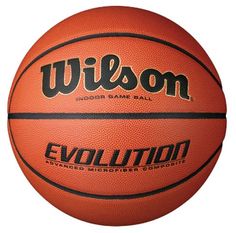 an orange and black basketball with the word wilson evolution on it's side, against a white background