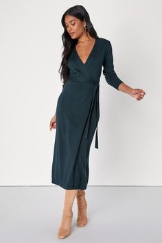 Emerald Green Sweater Dress - Midi Wrap Dress - Long Sleeve Dress - Lulus Red Velvet Wrap Dress, Mid Size Romantic Style, Kibbe Soft Classic Business Casual, Sweater Dress For Wedding Guest, Work Wrap Dress, Midi Dress For Work, Winter Wrap Dress, Business Professional Dresses For Women, Soft Dramatic Work Outfit