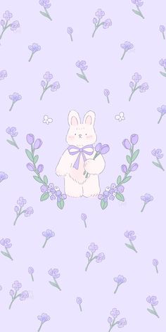 a purple background with flowers and a bunny holding a bow