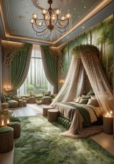 a bedroom decorated in green and white with lots of lights hanging from the ceiling,