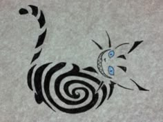 a black and white drawing of a cat with blue eyes on it's back