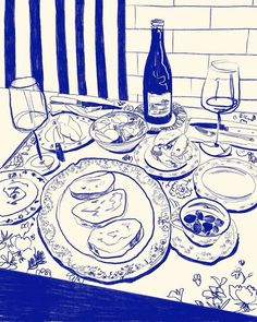 a drawing of a table with plates and glasses on it, next to a bottle of wine