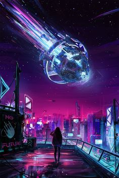 a person walking down a walkway in front of a futuristic city with neon lights on it