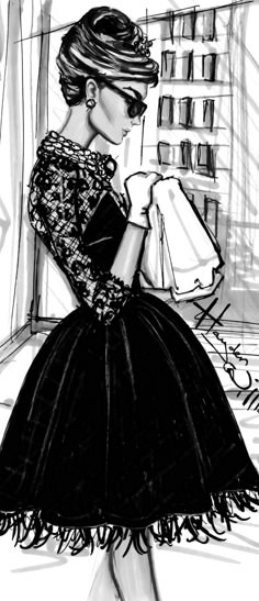 a black and white drawing of a woman in a dress with her hand on her purse