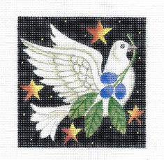 a white dove with leaves and stars on it's chest, in front of a black background