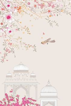 an illustration of a bird flying over a building with flowers in the foreground and a white gazebo behind it