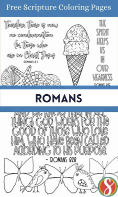 two coloring pages with the words romans and an ice cream cone on them, one is for