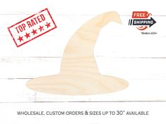 a wooden wizard hat with the top rated shipping stamp on it