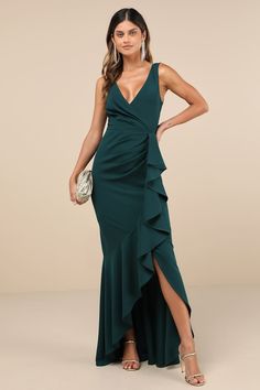 Emerald High-Low Maxi Dress - Ruffled Maxi Dress - Green Gown - Lulus Elegant Bridesmaid Maxi Dress With Ruffle Hem, Green Ruffled Maxi Dress For Date Night, Elegant Green Dress With Ruffle Hem, Knit Gown, Black Tie Wedding Guests, High Low Maxi Dress, Green Gown, Wedding Palette, Maxi Gown