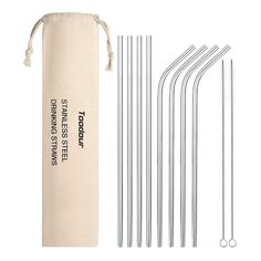 six stainless steel straws in a bag and five different sized straws next to each other