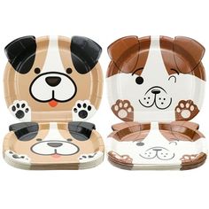 two paper plates with dogs on them, one is brown and the other is white