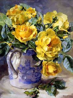 a painting of yellow roses in a blue and white vase