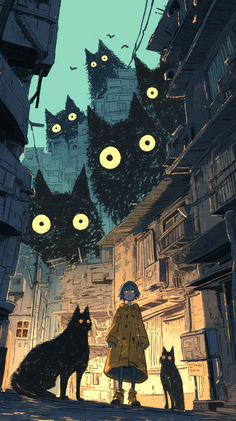 a person standing in an alley with cats looking at the sky and buildings behind them