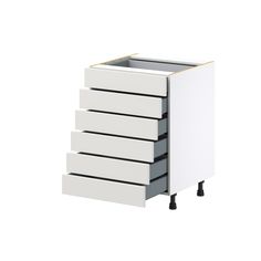 a white cabinet with four drawers and wheels on the bottom, in front of a white background