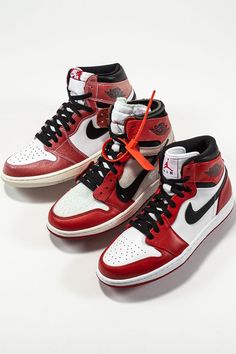 Once part of Michael Jordan’s sneaker rotation during his early years in the NBA, the Air Jordan 1 “Chicago” colorway is now an oft-remixed lifestyle shoe as exemplified by these designs by Trophy Room, Off-White, and Jordan, respectively. Jordan 1 Off White, Air Jordan 1 Chicago, Air Jordan 1 Shoes, Jordan 1 Sneakers, Sneakers Sale, Jordan 1 Shoes, Price Shoes, Shoes Wallpaper, Air Jordan 1s