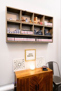 Image of a color bar in a salon suite with cute, rustic decor and a wooden buffet cabinet. The simple, modern, and rustic style adds charm to the salon suite. Perfect for hair color storage. Salon Color Storage Ideas, Salon Suite Color Bar, Hair Salon Storage Ideas, Color Bar Salon Ideas Small Spaces, Hair Color Storage Ideas, Hair Salon Color Bar, Salon Color Storage, Color Bar Salon Ideas, Salon Hair Color Storage