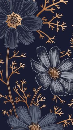 blue and gold flowers on a black background