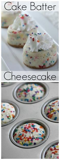 two pictures showing different types of cake batter in muffin tins