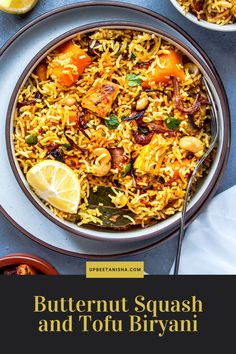 butternut squash and tofu biriyani with lemons on the side